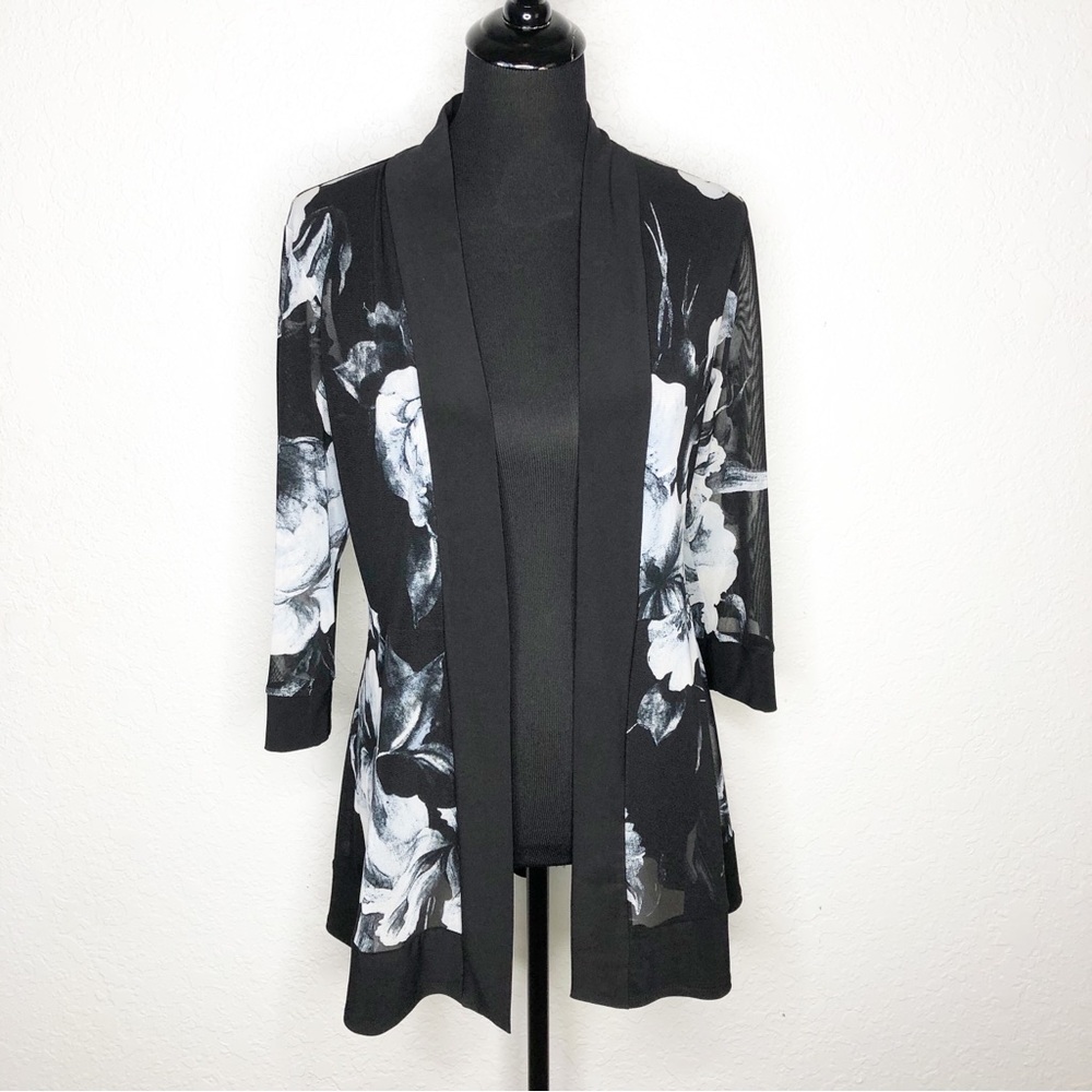 Frank Lyman Design black white floral sheer open front cardigan jacket size 8